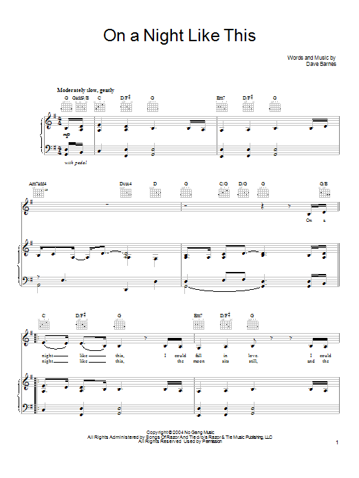 Download Dave Barnes On A Night Like This Sheet Music and learn how to play Piano, Vocal & Guitar (Right-Hand Melody) PDF digital score in minutes