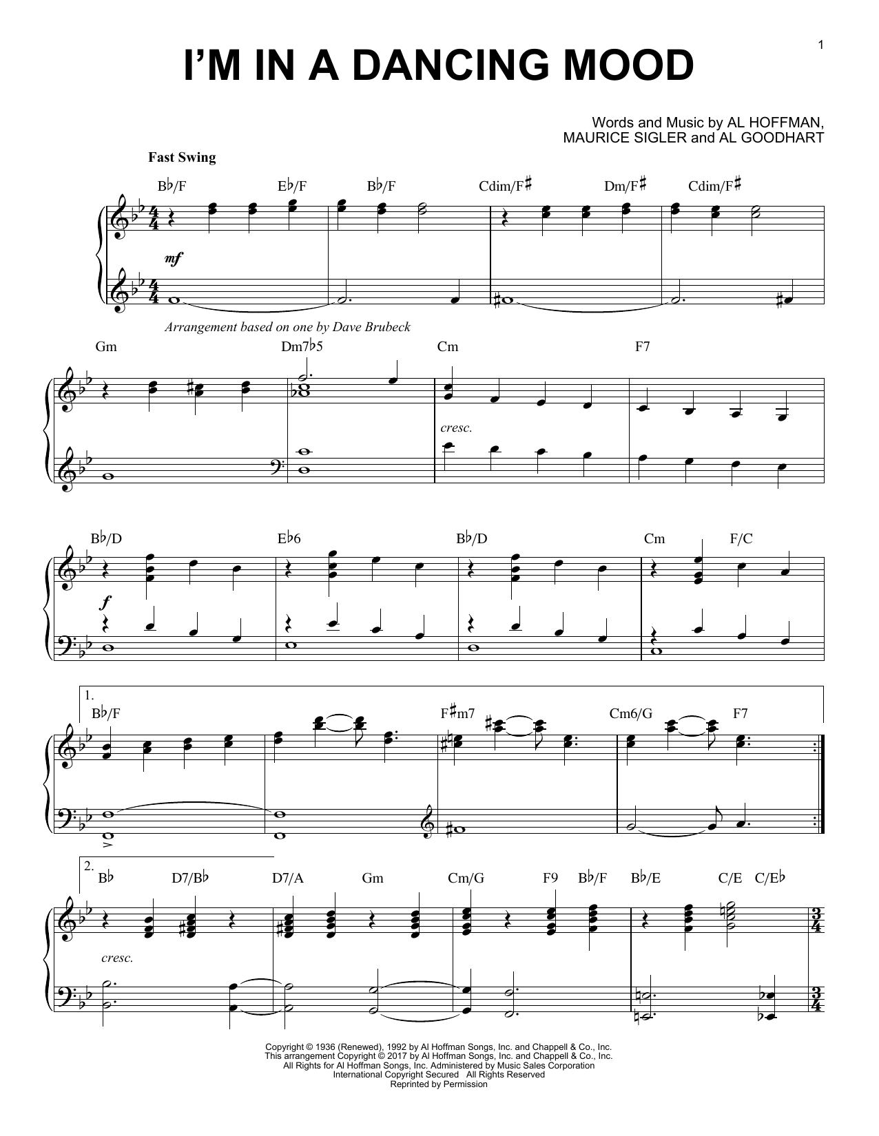 Download Dave Brubeck I'm In A Dancing Mood Sheet Music and learn how to play Piano PDF digital score in minutes