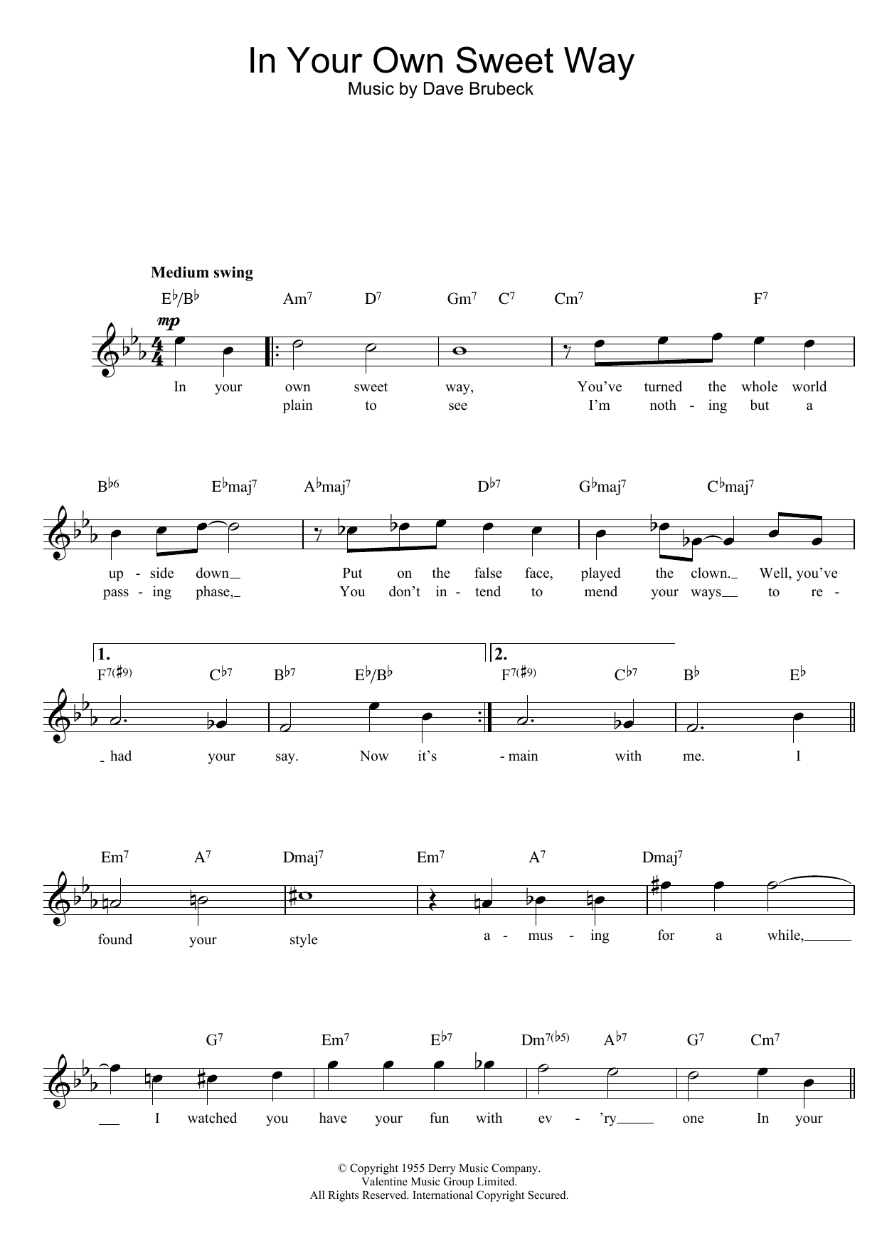 Download Dave Brubeck In Your Own Sweet Way Sheet Music and learn how to play Melody Line, Lyrics & Chords PDF digital score in minutes