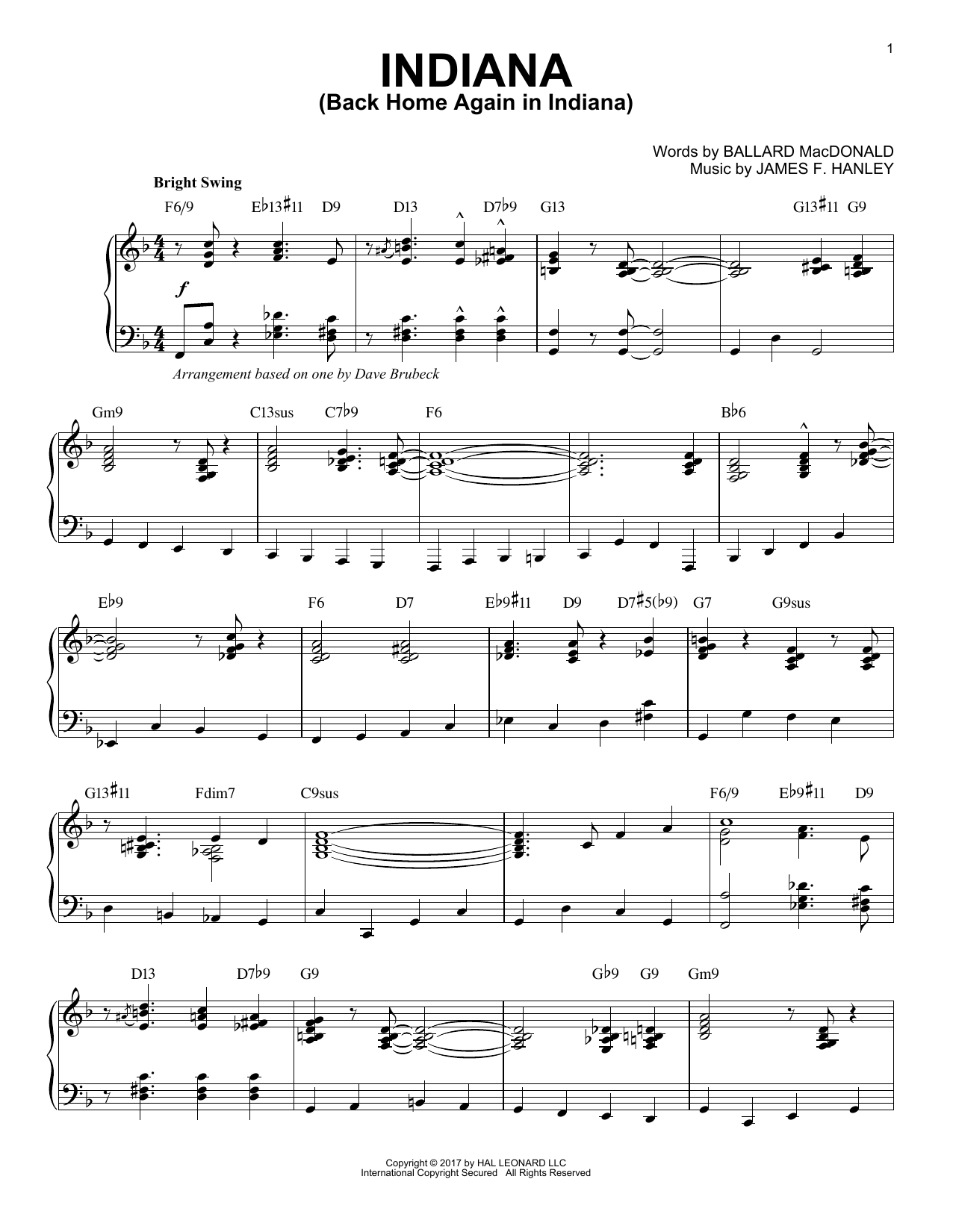 Download Dave Brubeck Indiana (Back Home Again In Indiana) Sheet Music and learn how to play Piano PDF digital score in minutes
