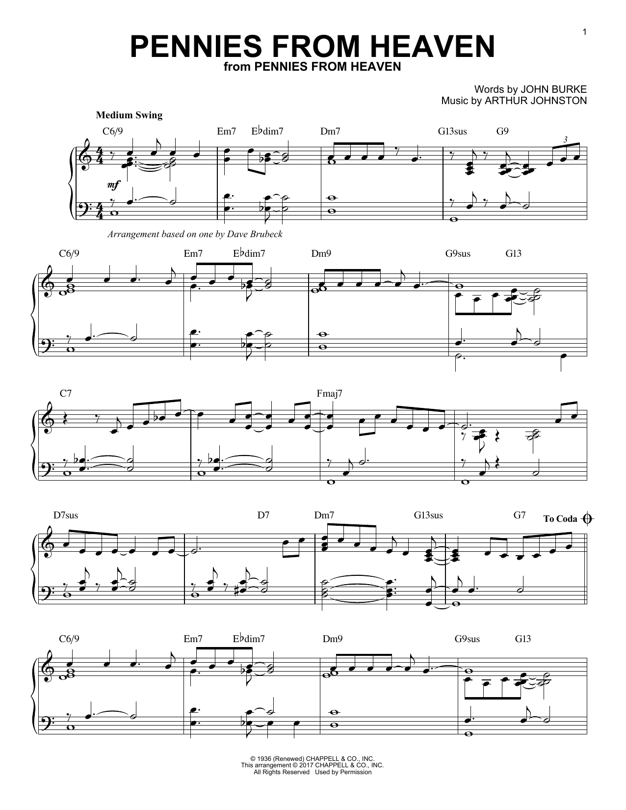 Download Dave Brubeck Pennies From Heaven Sheet Music and learn how to play Piano PDF digital score in minutes