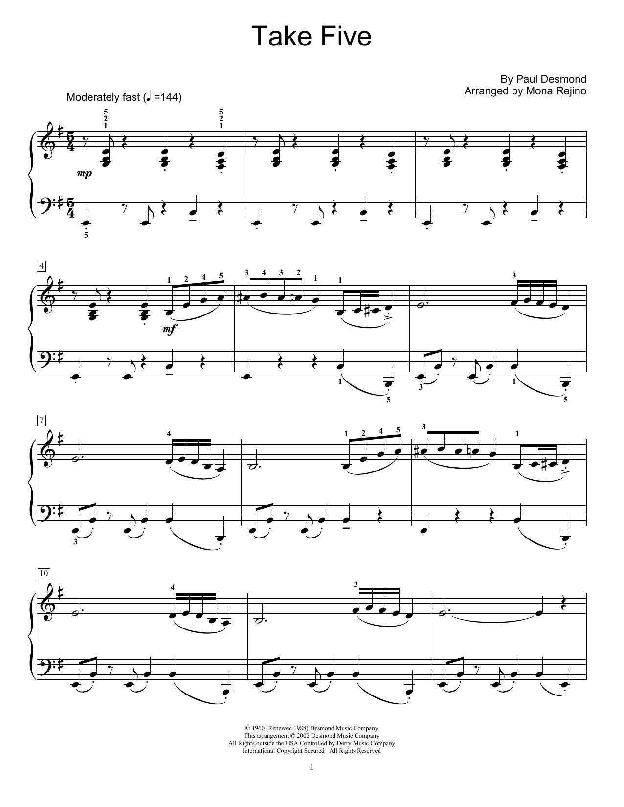 Download Dave Brubeck Take Five (arr. Mona Rejino) Sheet Music and learn how to play Educational Piano PDF digital score in minutes