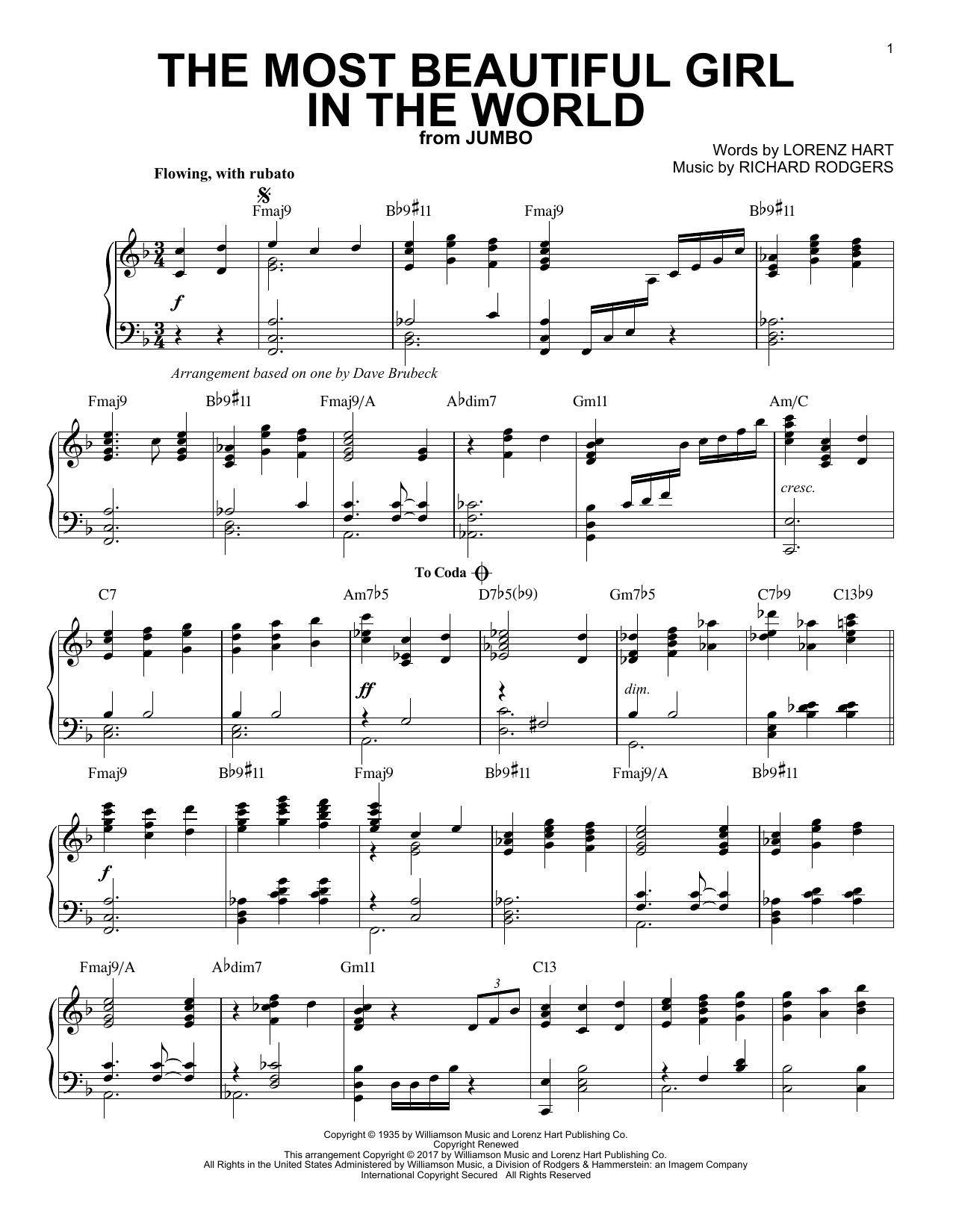Download Dave Brubeck The Most Beautiful Girl In The World Sheet Music and learn how to play Piano PDF digital score in minutes