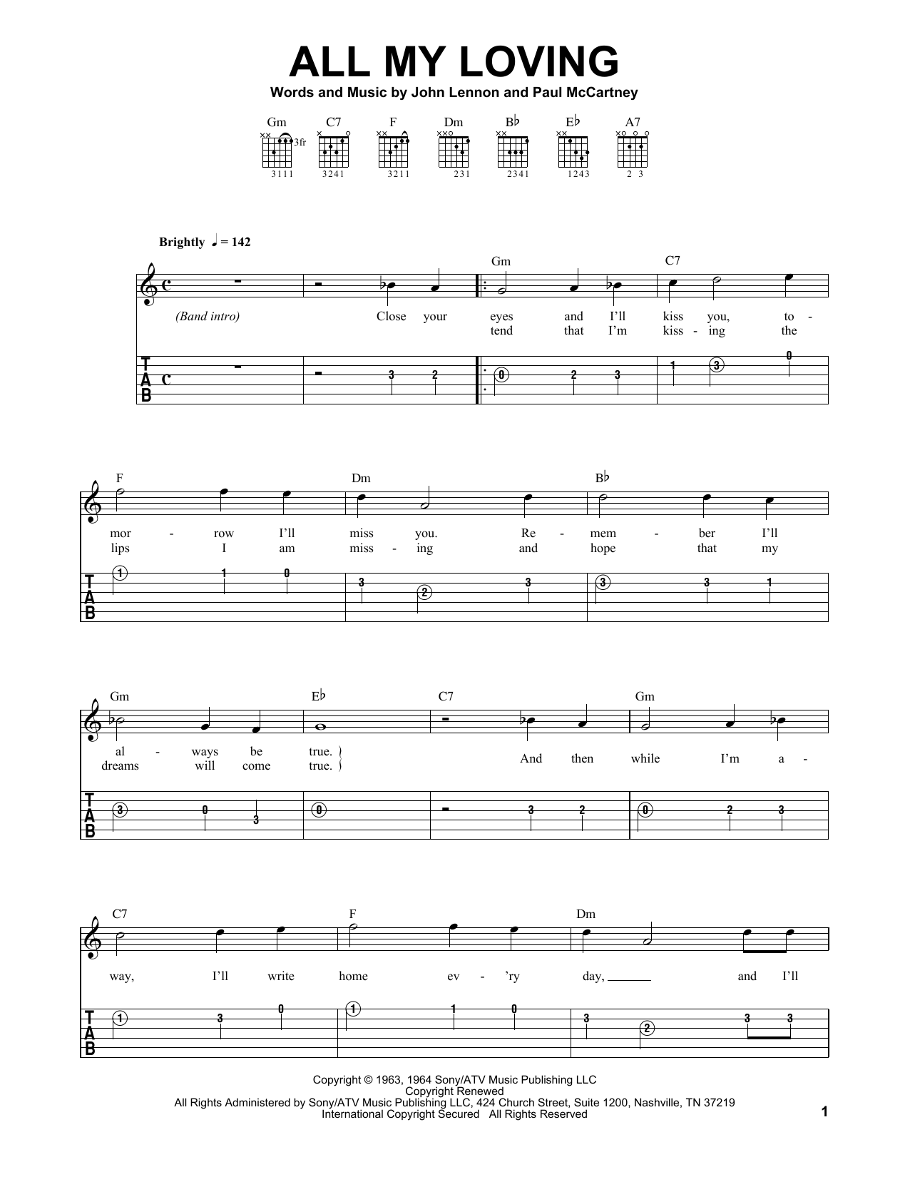 Download The Beatles All My Loving Sheet Music and learn how to play Easy Guitar Tab PDF digital score in minutes