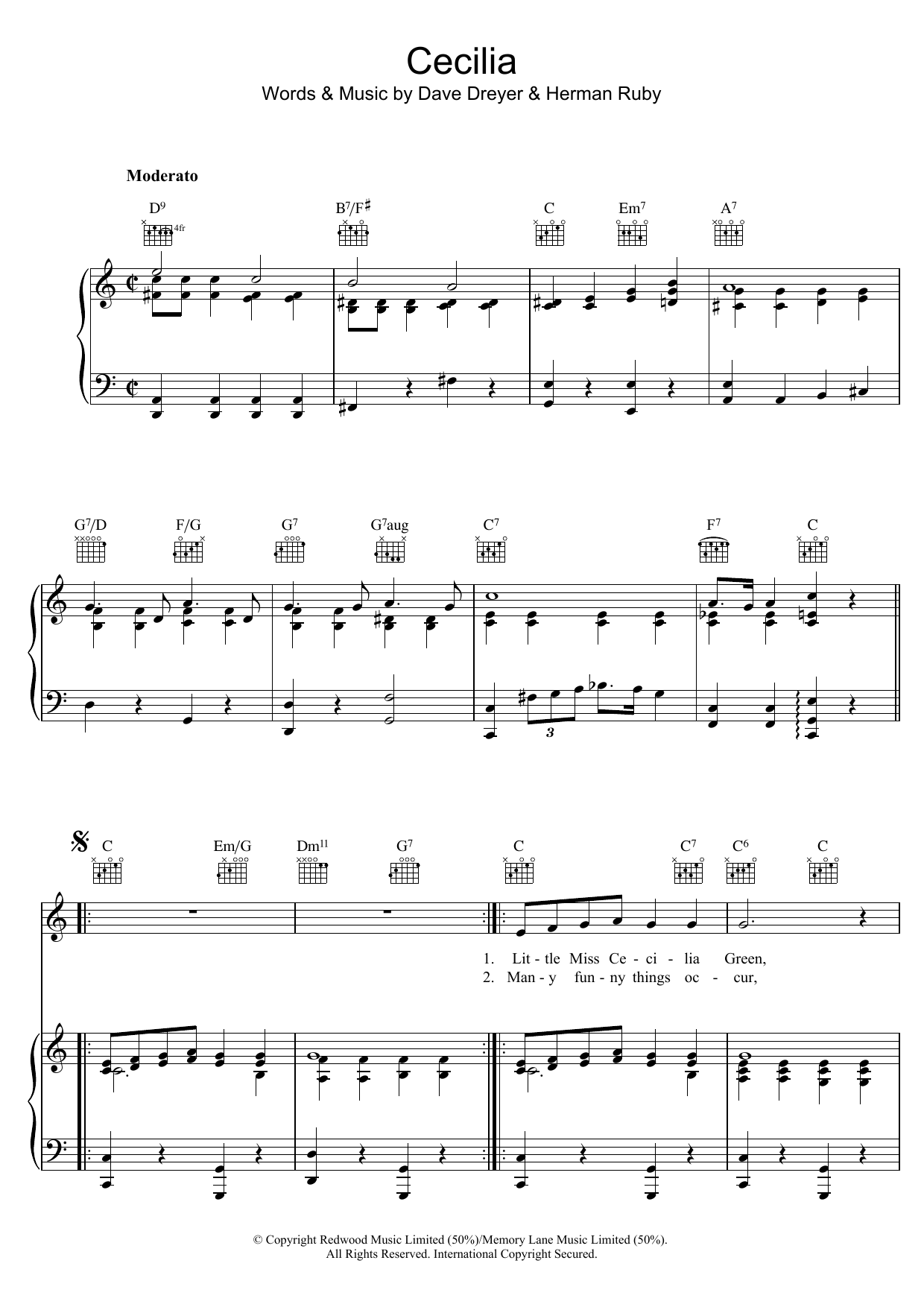 Download Dave Dreyer Cecilia Sheet Music and learn how to play Piano, Vocal & Guitar (Right-Hand Melody) PDF digital score in minutes