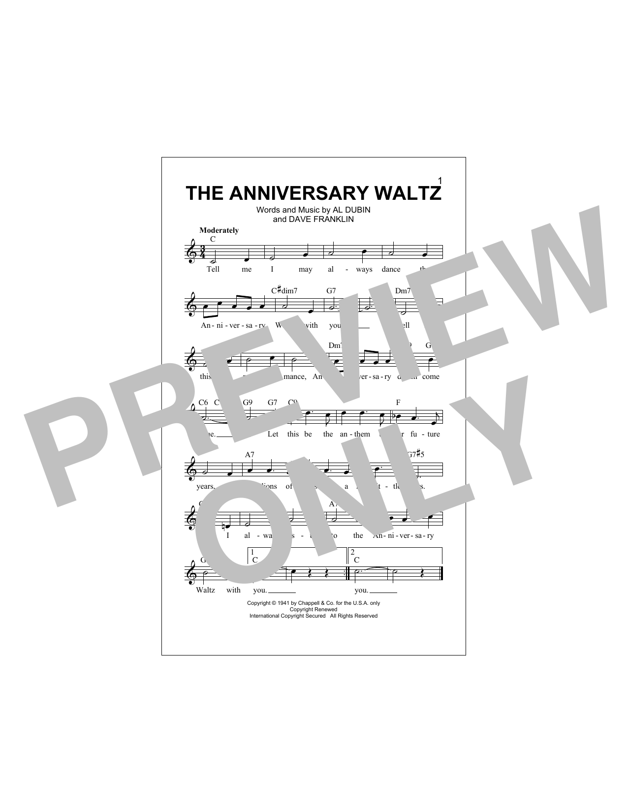 Download Dave Franklin The Anniversary Waltz Sheet Music and learn how to play Melody Line, Lyrics & Chords PDF digital score in minutes