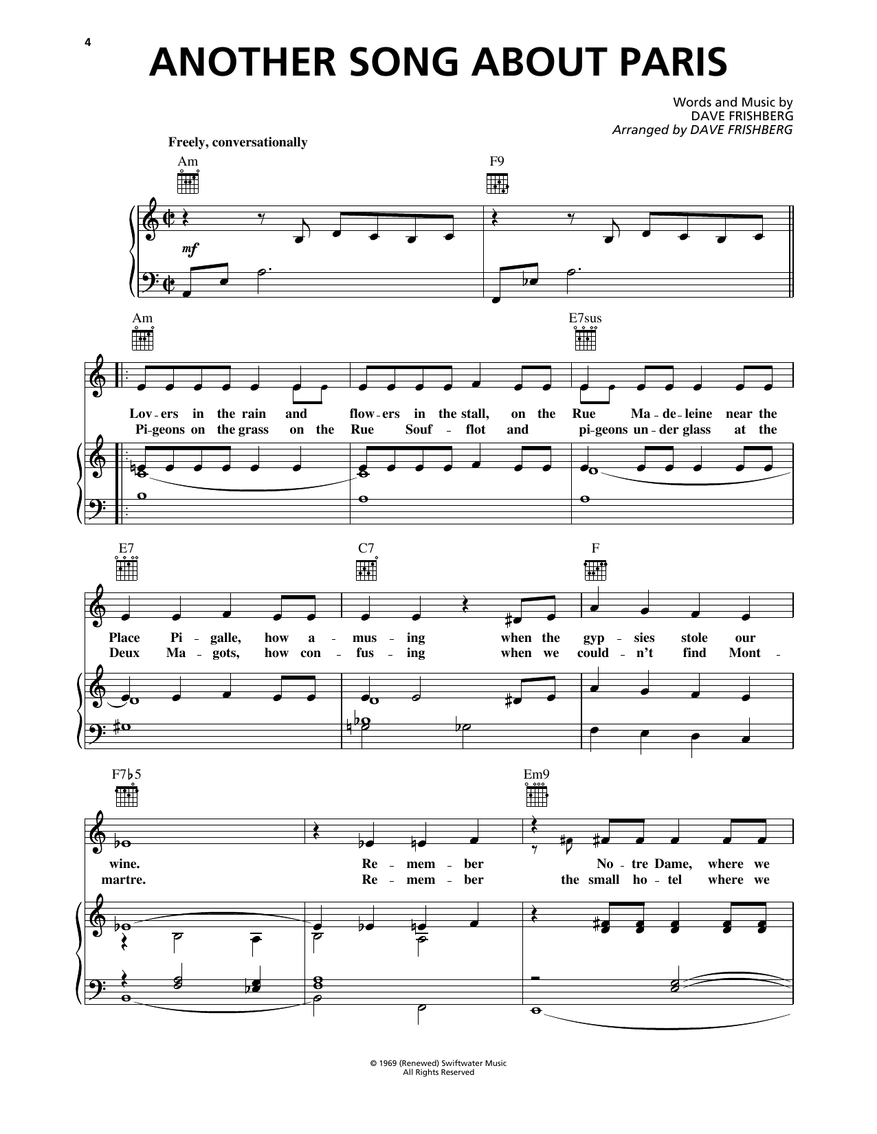 Download Dave Frishberg Another Song About Paris Sheet Music and learn how to play Piano, Vocal & Guitar Chords (Right-Hand Melody) PDF digital score in minutes
