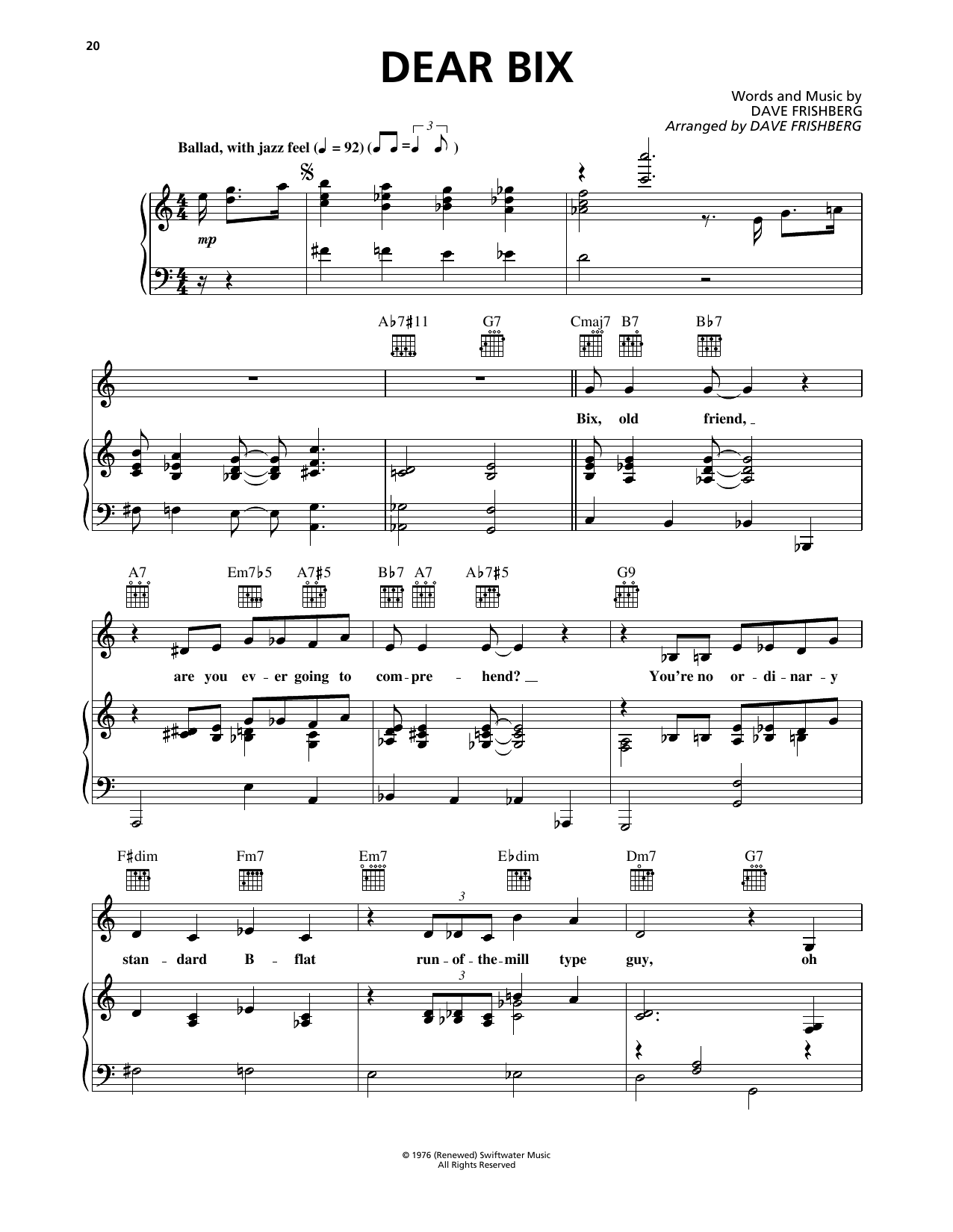 Download Dave Frishberg Dear Bix Sheet Music and learn how to play Piano, Vocal & Guitar Chords (Right-Hand Melody) PDF digital score in minutes