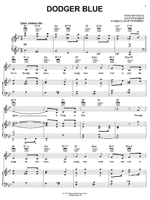 Download Dave Frishberg Dodger Blue Sheet Music and learn how to play Piano, Vocal & Guitar (Right-Hand Melody) PDF digital score in minutes