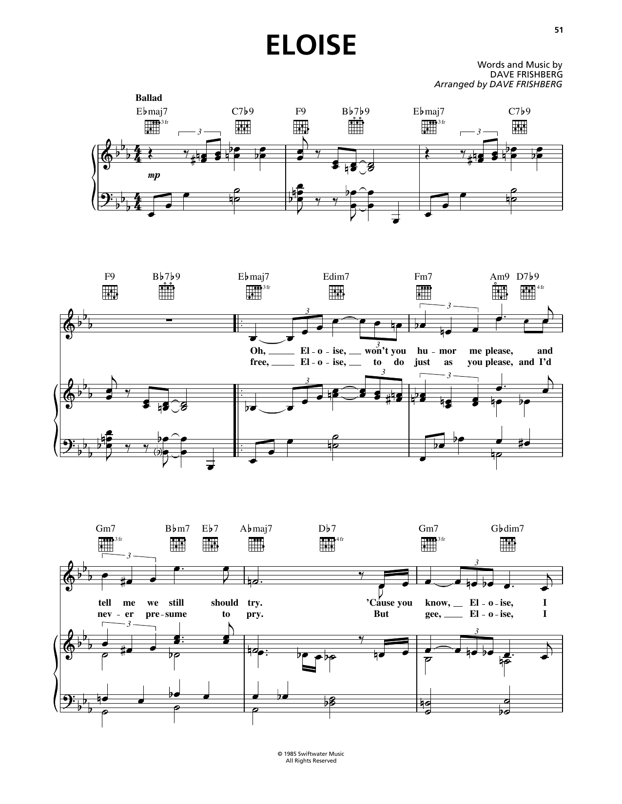 Download Dave Frishberg Eloise Sheet Music and learn how to play Piano, Vocal & Guitar Chords (Right-Hand Melody) PDF digital score in minutes