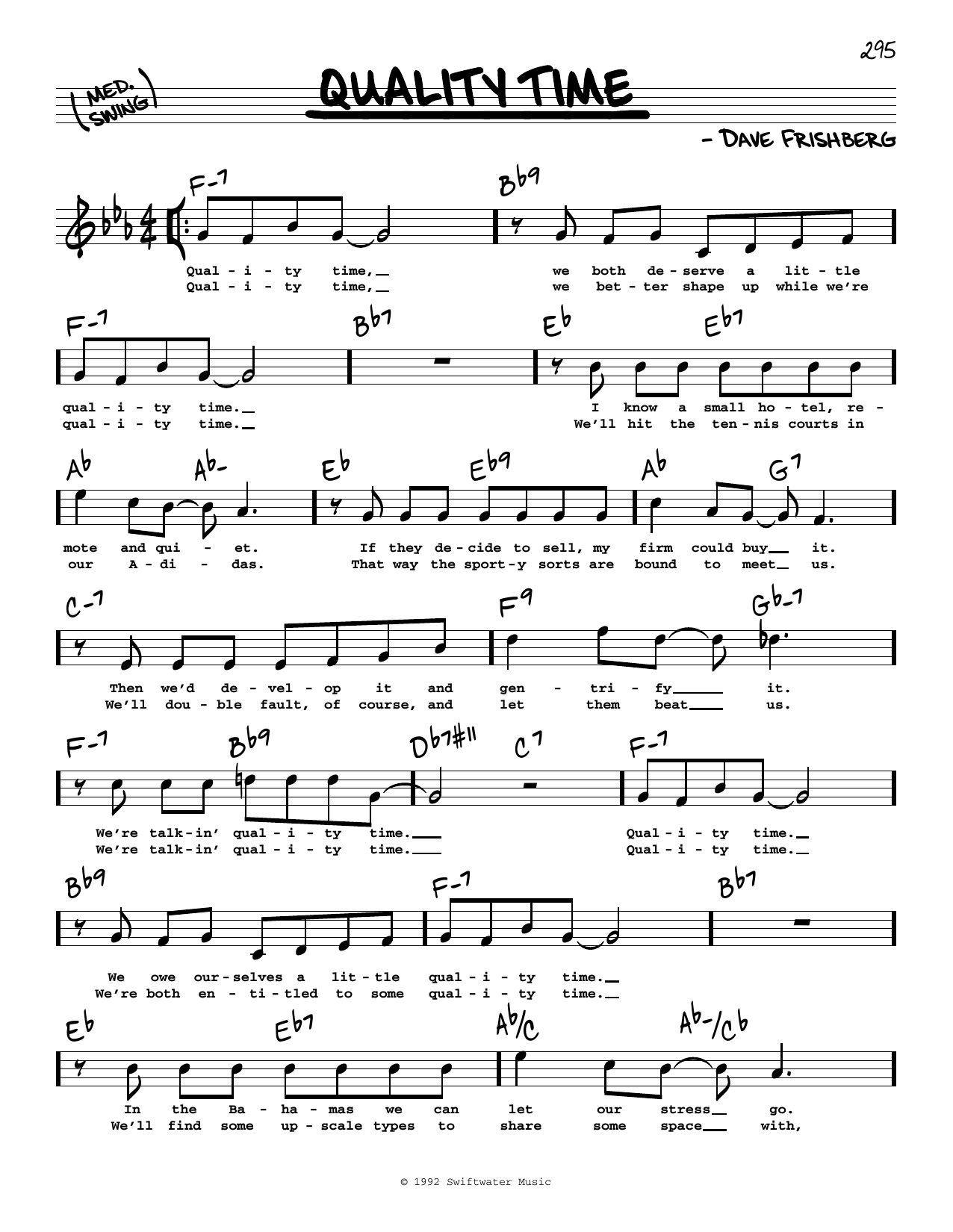 Download Dave Frishberg Quality Time (High Voice) Sheet Music and learn how to play Real Book – Melody, Lyrics & Chords PDF digital score in minutes