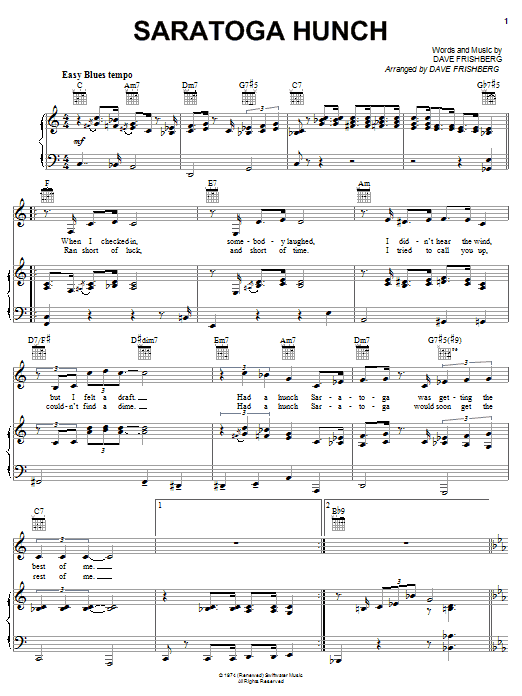 Download Dave Frishberg Saratoga Hunch Sheet Music and learn how to play Piano, Vocal & Guitar (Right-Hand Melody) PDF digital score in minutes
