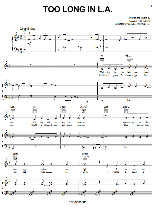 Download Dave Frishberg Too Long In L.A. Sheet Music and learn how to play Piano, Vocal & Guitar (Right-Hand Melody) PDF digital score in minutes