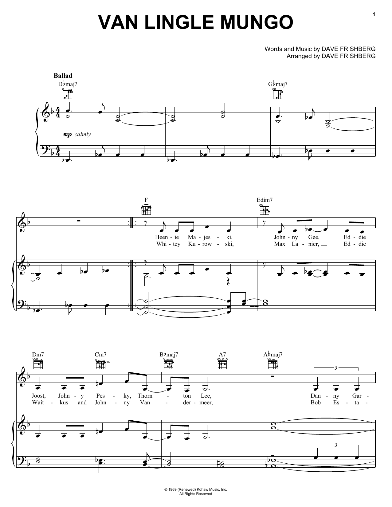 Download Dave Frishberg Van Lingle Mungo Sheet Music and learn how to play Piano, Vocal & Guitar Chords (Right-Hand Melody) PDF digital score in minutes