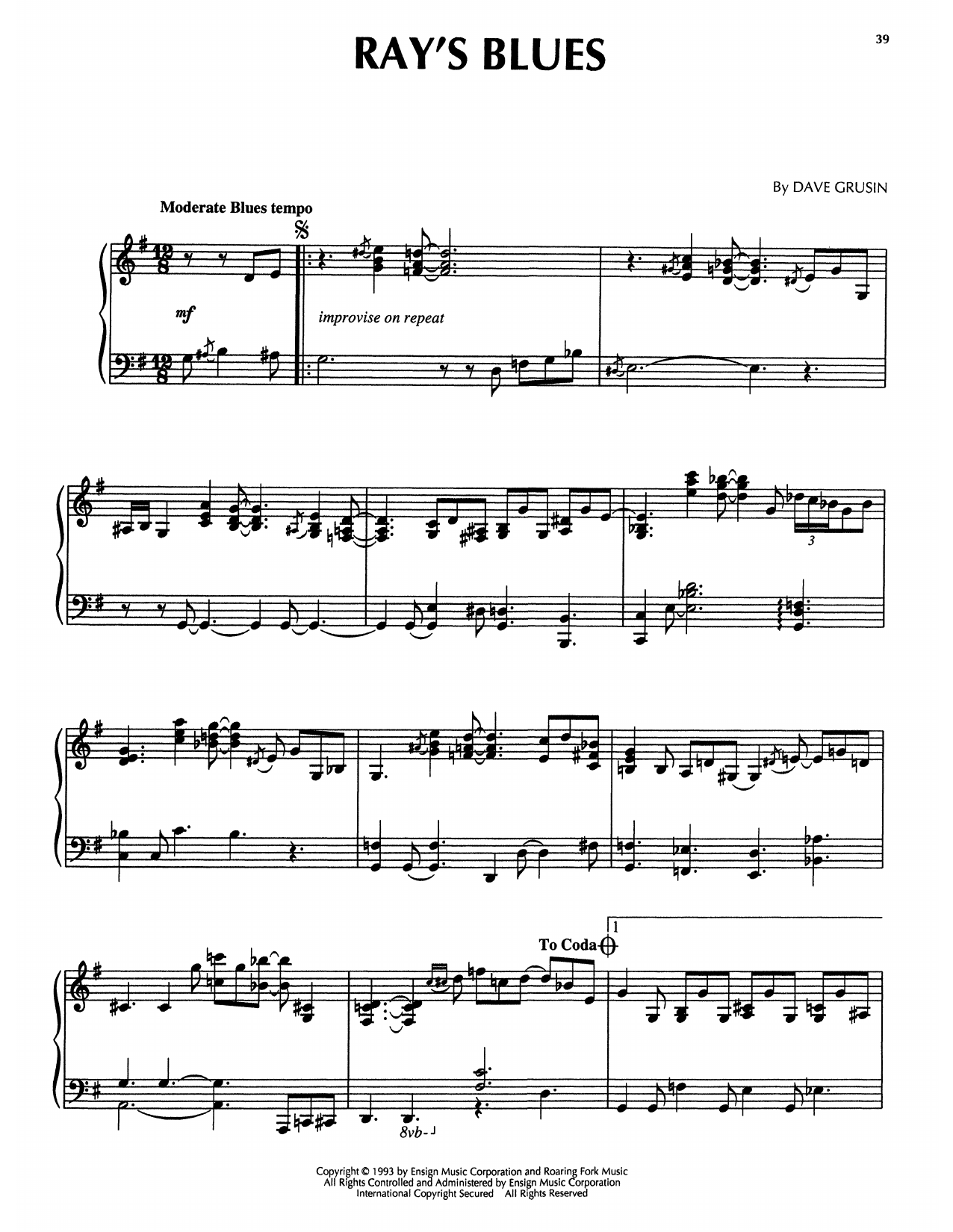 Download Dave Grusin Ray's Blues (from The Firm) Sheet Music and learn how to play Piano Solo PDF digital score in minutes