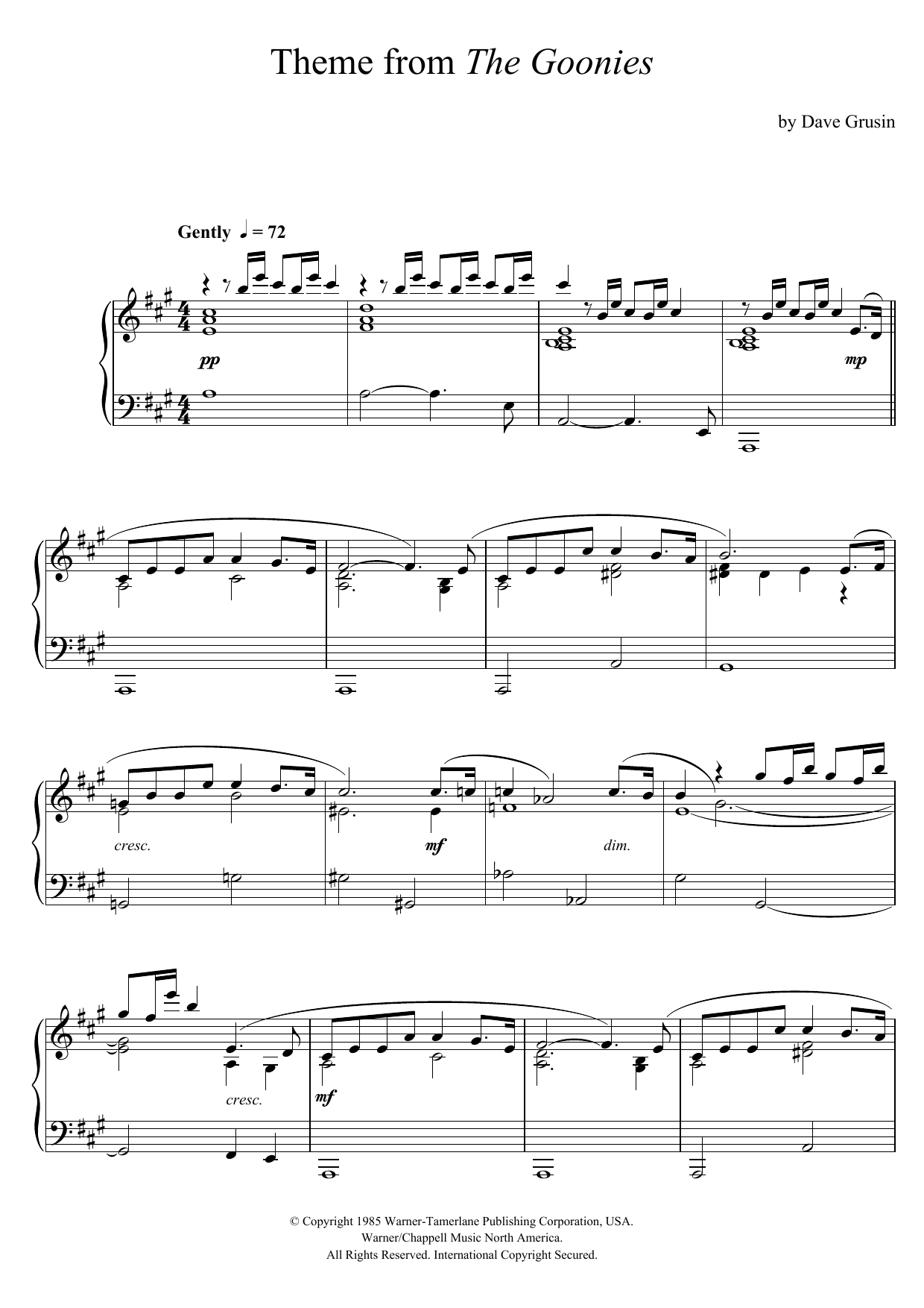 Download Dave Grusin The Goonies (Theme) Sheet Music and learn how to play Piano PDF digital score in minutes