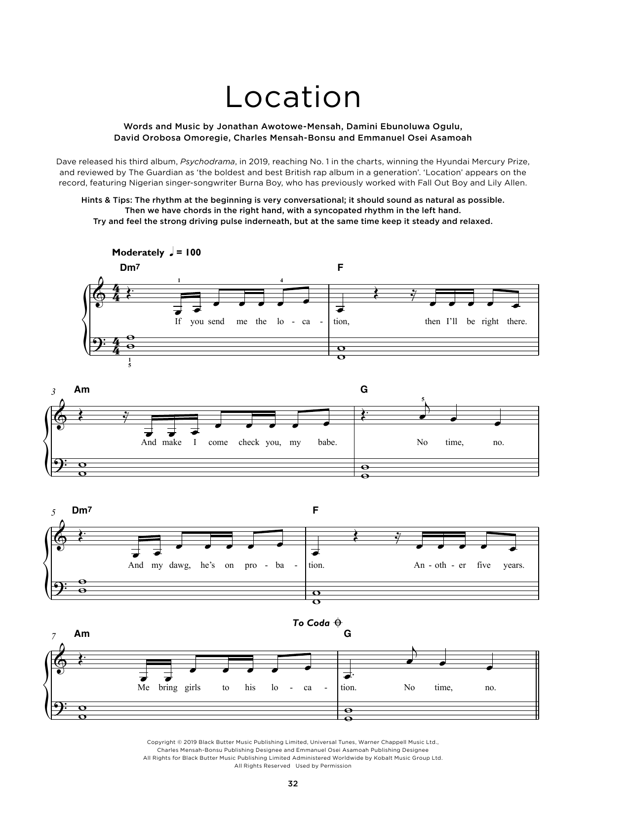 Download Dave Location (feat. Burna Boy) Sheet Music and learn how to play Really Easy Piano PDF digital score in minutes