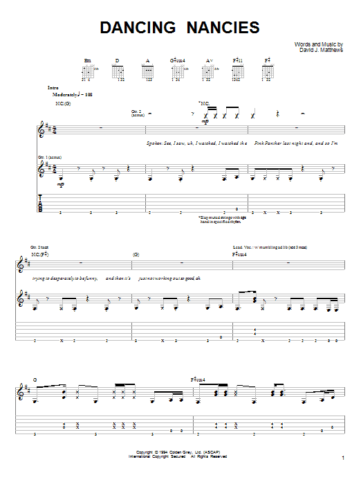 Download Dave Matthews & Tim Reynolds Dancing Nancies Sheet Music and learn how to play Guitar Tab PDF digital score in minutes