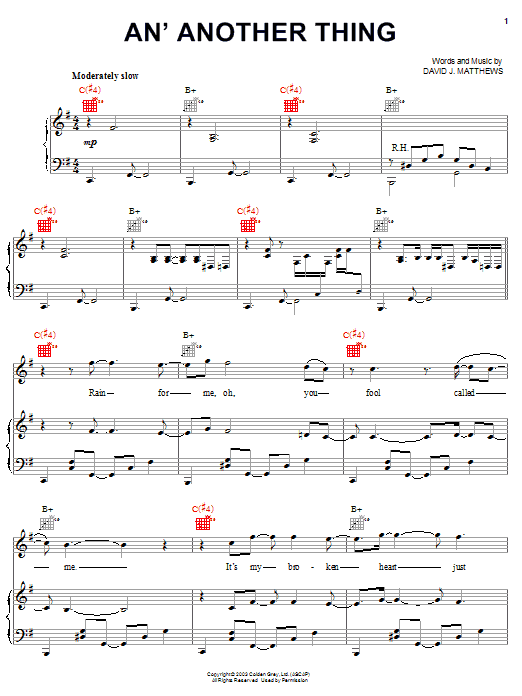 Download Dave Matthews An' Another Thing Sheet Music and learn how to play Piano, Vocal & Guitar (Right-Hand Melody) PDF digital score in minutes