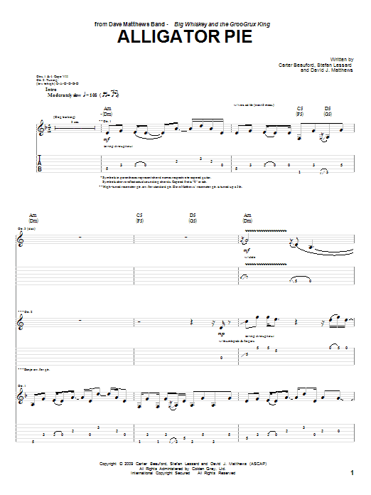 Download Dave Matthews Band Alligator Pie Sheet Music and learn how to play Guitar Tab PDF digital score in minutes