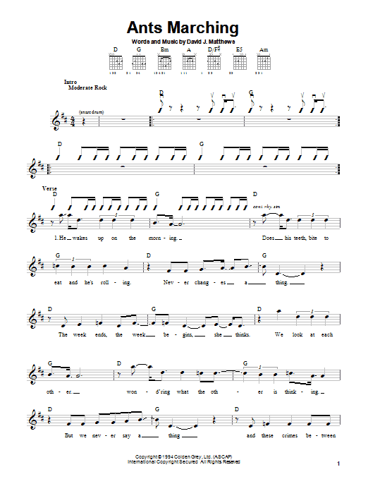 Download Dave Matthews Band Ants Marching Sheet Music and learn how to play Guitar with strumming patterns PDF digital score in minutes