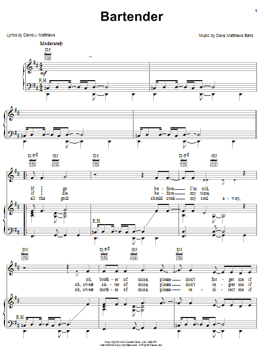 Download Dave Matthews Band Bartender Sheet Music and learn how to play Piano, Vocal & Guitar (Right-Hand Melody) PDF digital score in minutes