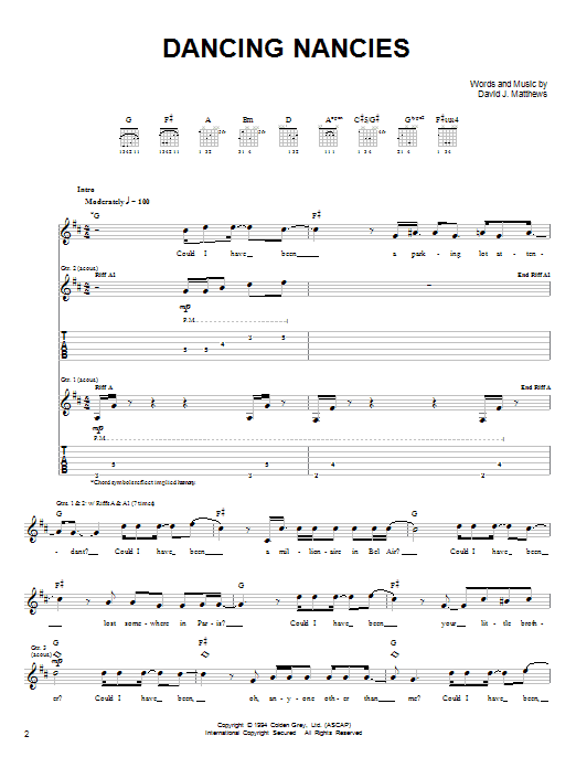 Download Dave Matthews Band Dancing Nancies Sheet Music and learn how to play Bass Guitar Tab PDF digital score in minutes
