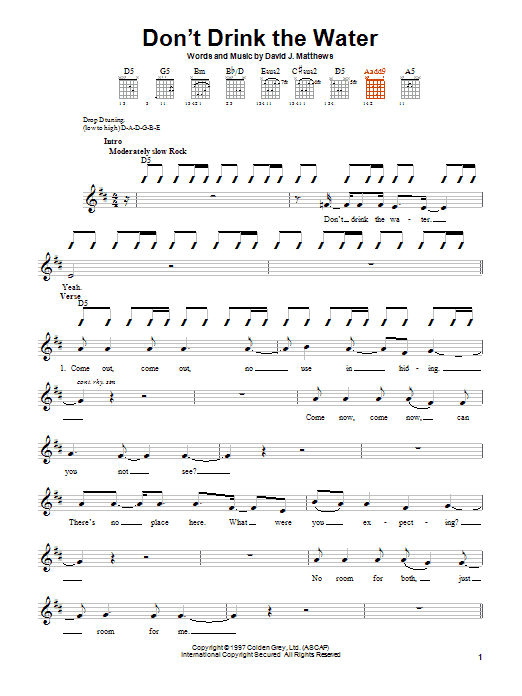 Download Dave Matthews Band Don't Drink The Water Sheet Music and learn how to play Guitar with strumming patterns PDF digital score in minutes