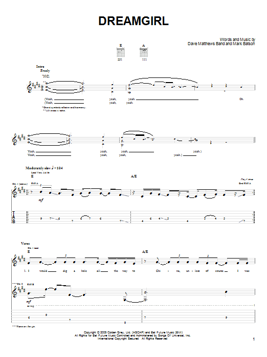 Download Dave Matthews Band Dreamgirl Sheet Music and learn how to play Guitar Tab PDF digital score in minutes
