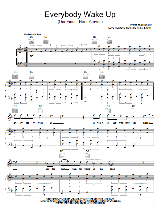 Download Dave Matthews Band Everybody Wake Up (Our Finest Hour Arrives) Sheet Music and learn how to play Lyrics & Chords PDF digital score in minutes