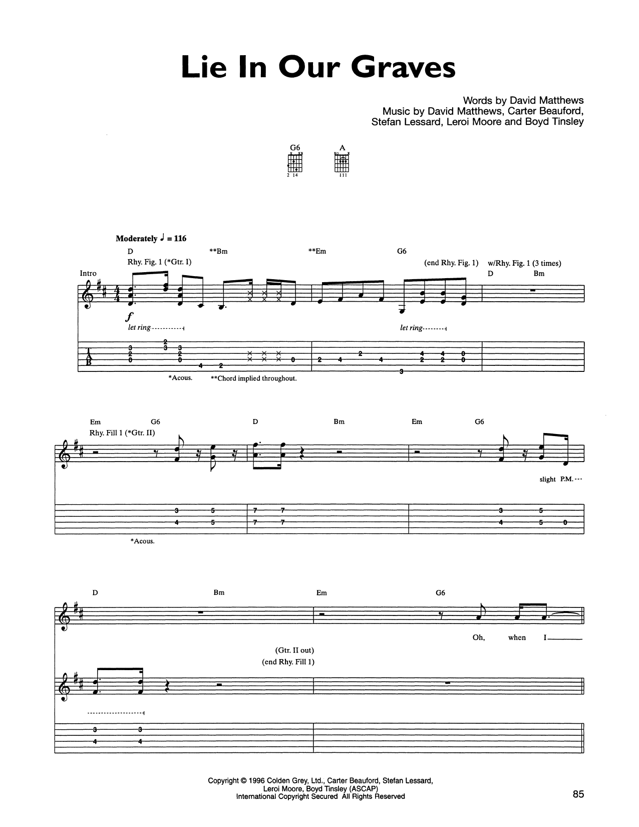 Download Dave Matthews Band Lie In Our Graves Sheet Music and learn how to play Guitar Tab PDF digital score in minutes