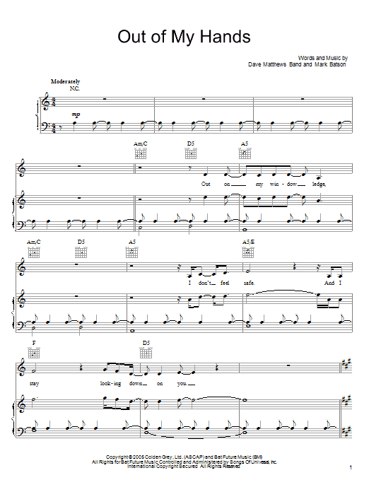 Download Dave Matthews Band Out Of My Hands Sheet Music and learn how to play Piano, Vocal & Guitar (Right-Hand Melody) PDF digital score in minutes