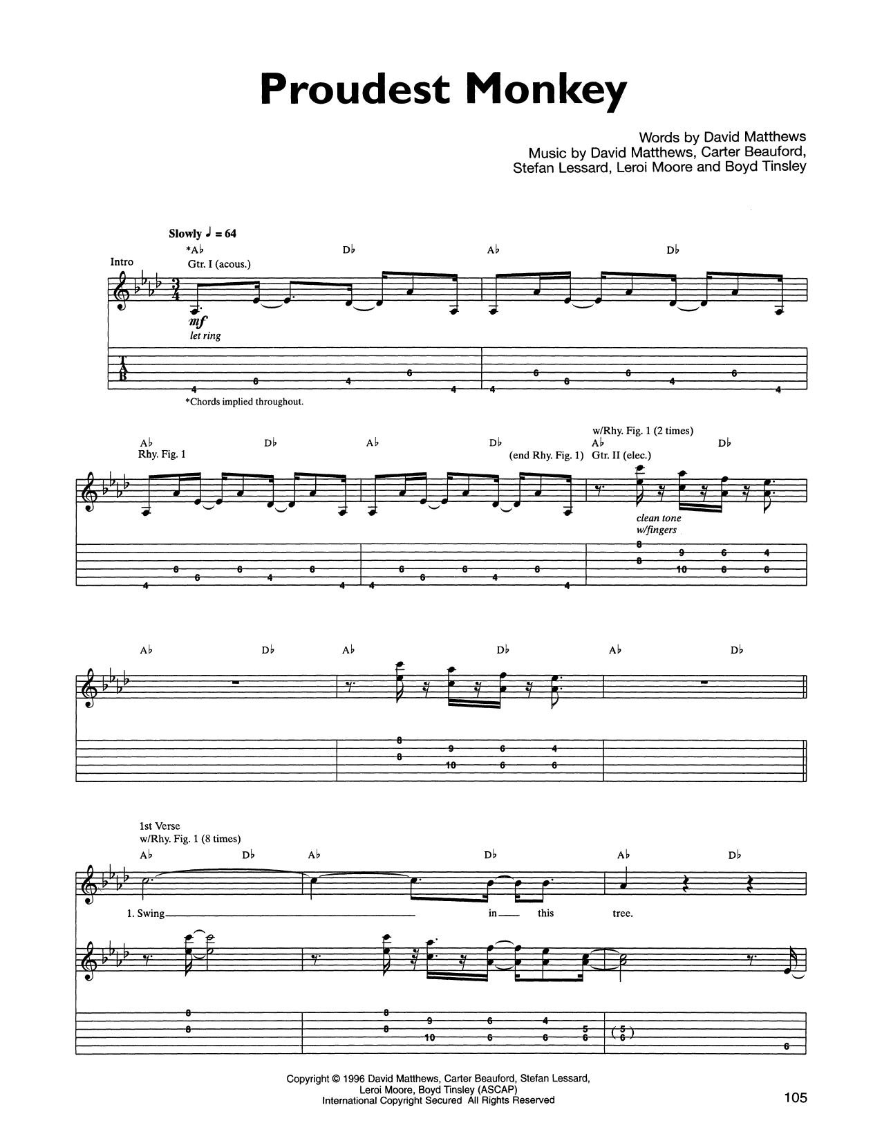 Download Dave Matthews Band Proudest Monkey Sheet Music and learn how to play Guitar Tab PDF digital score in minutes