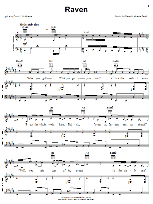 Download Dave Matthews Band Raven Sheet Music and learn how to play Piano, Vocal & Guitar (Right-Hand Melody) PDF digital score in minutes