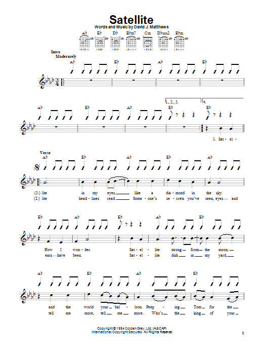 Download Dave Matthews Band Satellite Sheet Music and learn how to play Guitar with strumming patterns PDF digital score in minutes