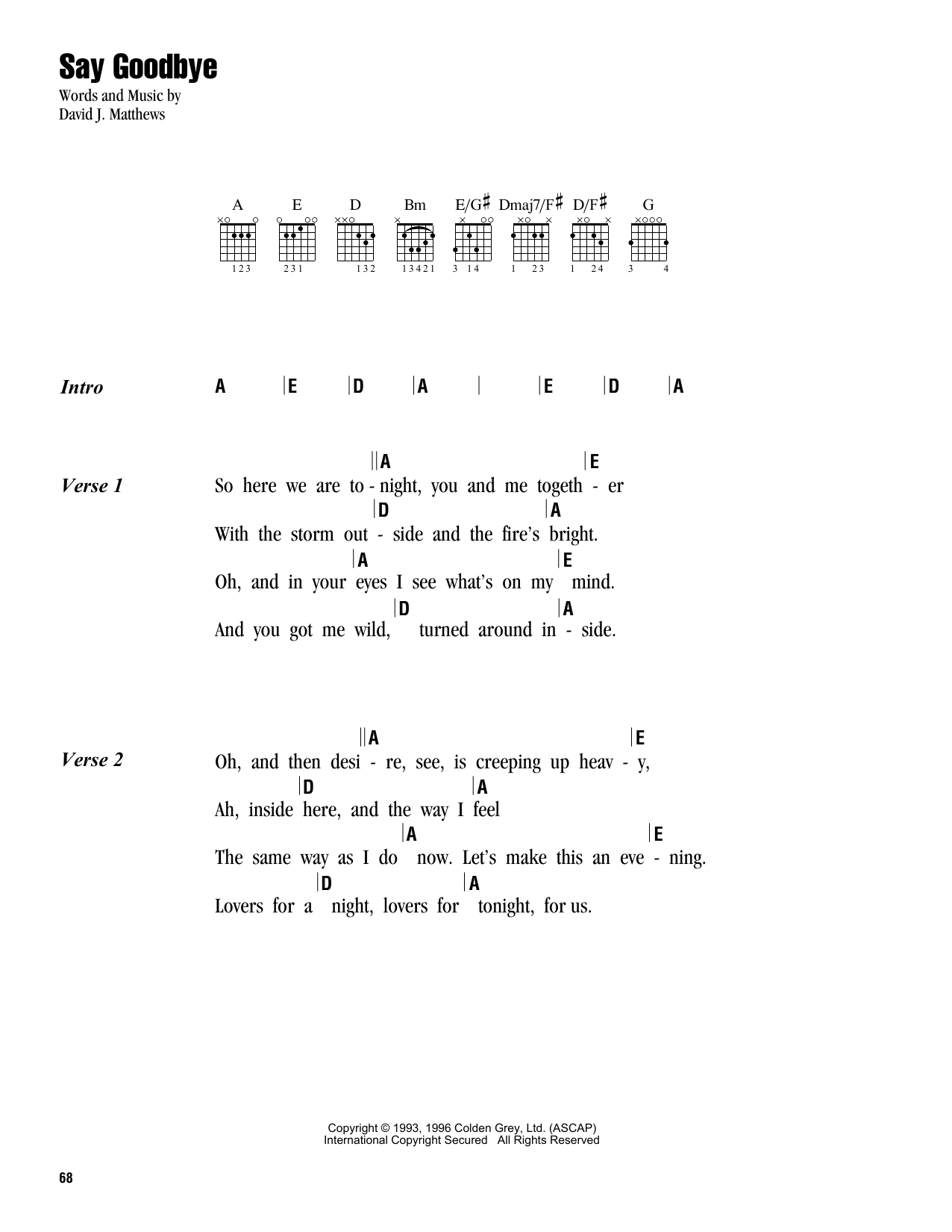 Download Dave Matthews Band Say Goodbye Sheet Music and learn how to play Lyrics & Chords PDF digital score in minutes