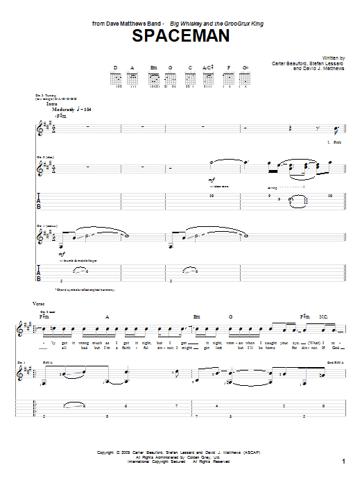 Download Dave Matthews Band Spaceman Sheet Music and learn how to play Guitar Tab PDF digital score in minutes