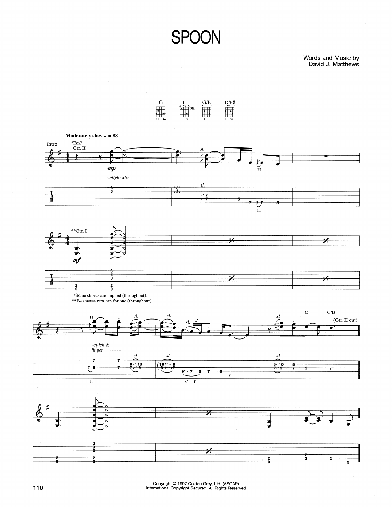 Download Dave Matthews Band Spoon Sheet Music and learn how to play Guitar Tab PDF digital score in minutes