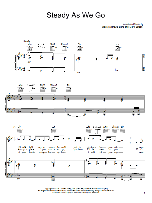 Download Dave Matthews Band Steady As We Go Sheet Music and learn how to play Piano, Vocal & Guitar (Right-Hand Melody) PDF digital score in minutes