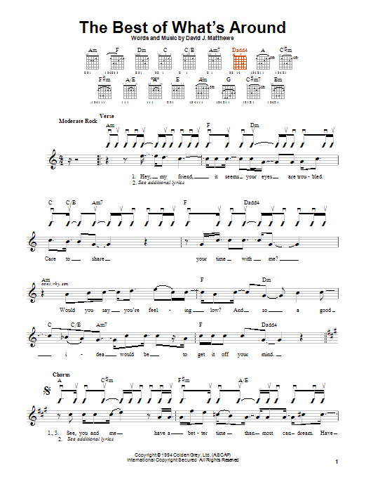 Download Dave Matthews Band The Best Of What's Around Sheet Music and learn how to play Guitar with strumming patterns PDF digital score in minutes