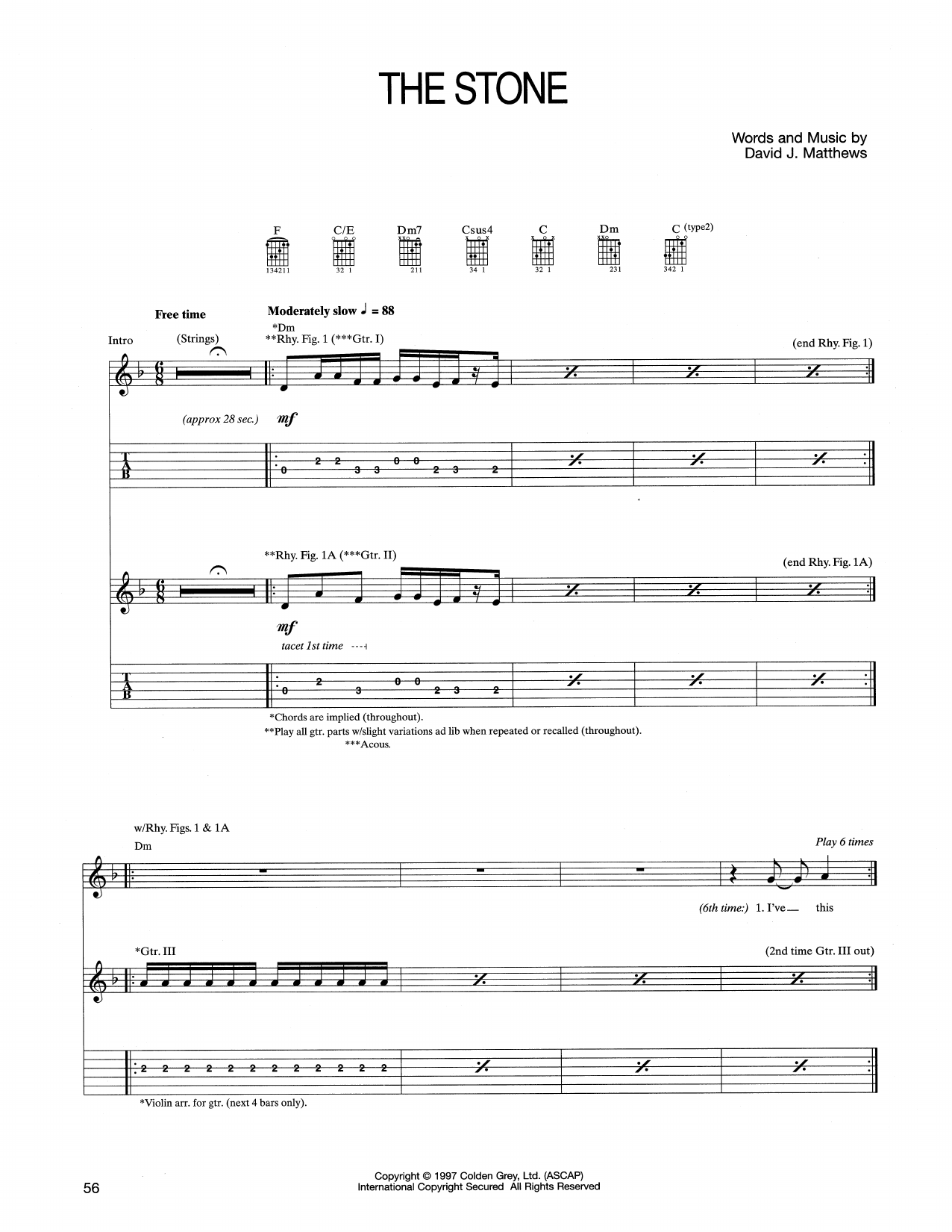 Download Dave Matthews Band The Stone Sheet Music and learn how to play Guitar Tab PDF digital score in minutes