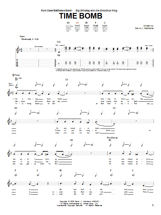 Download Dave Matthews Band Time Bomb Sheet Music and learn how to play Guitar Tab PDF digital score in minutes