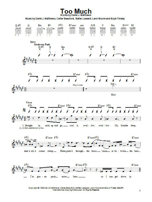 Download Dave Matthews Band Too Much Sheet Music and learn how to play Guitar with strumming patterns PDF digital score in minutes