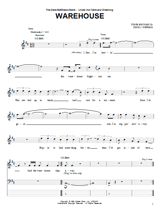 Download Dave Matthews Band Warehouse Sheet Music and learn how to play Bass Guitar Tab PDF digital score in minutes