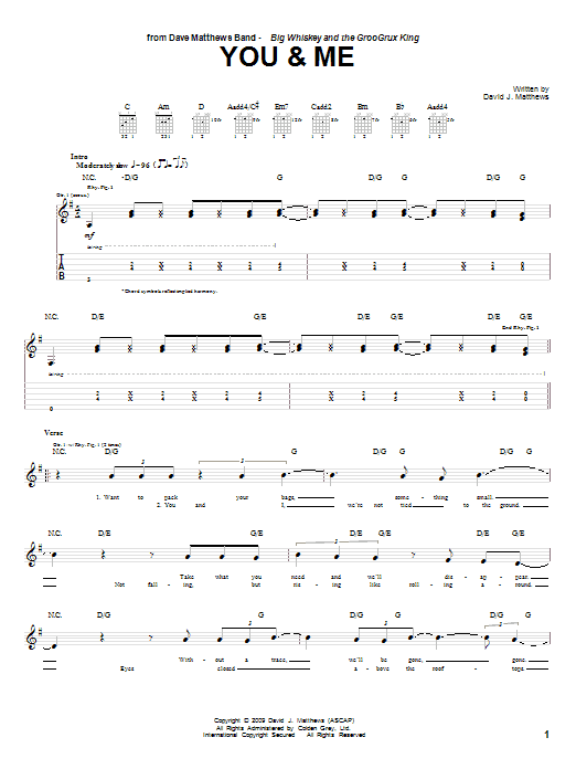 Download Dave Matthews Band You & Me Sheet Music and learn how to play Piano, Vocal & Guitar (Right-Hand Melody) PDF digital score in minutes