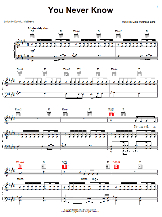 Download Dave Matthews Band You Never Know Sheet Music and learn how to play Piano, Vocal & Guitar (Right-Hand Melody) PDF digital score in minutes