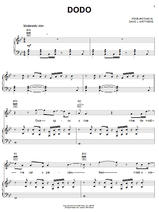 Download Dave Matthews Dodo Sheet Music and learn how to play Piano, Vocal & Guitar (Right-Hand Melody) PDF digital score in minutes