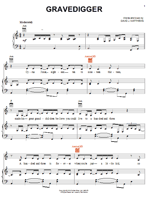 Download Dave Matthews Gravedigger Sheet Music and learn how to play Piano, Vocal & Guitar (Right-Hand Melody) PDF digital score in minutes