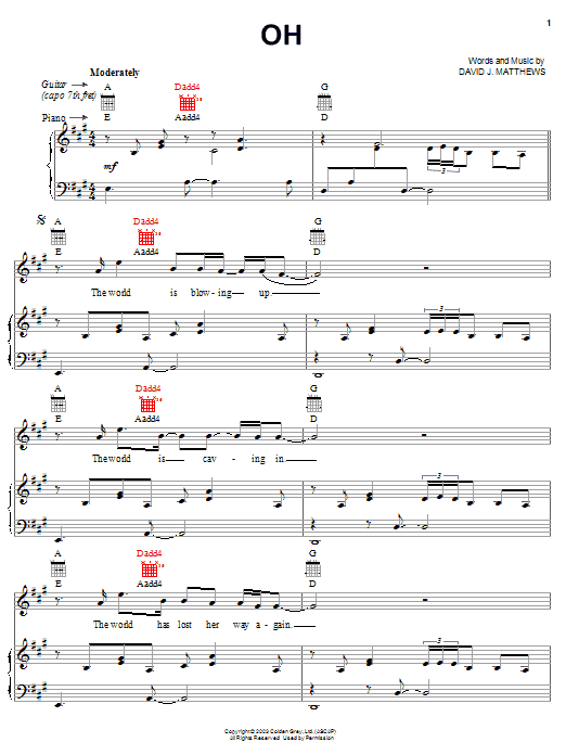 Download Dave Matthews Oh Sheet Music and learn how to play Piano, Vocal & Guitar (Right-Hand Melody) PDF digital score in minutes