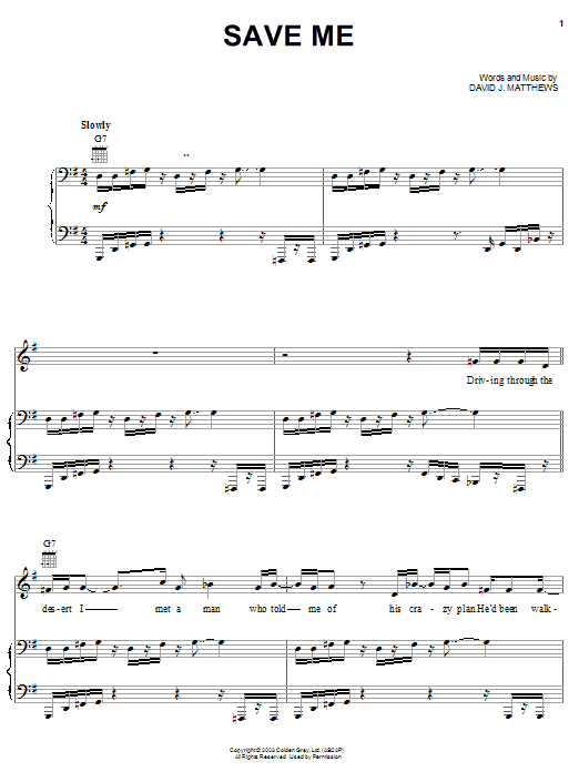 Download Dave Matthews Save Me Sheet Music and learn how to play Piano, Vocal & Guitar (Right-Hand Melody) PDF digital score in minutes